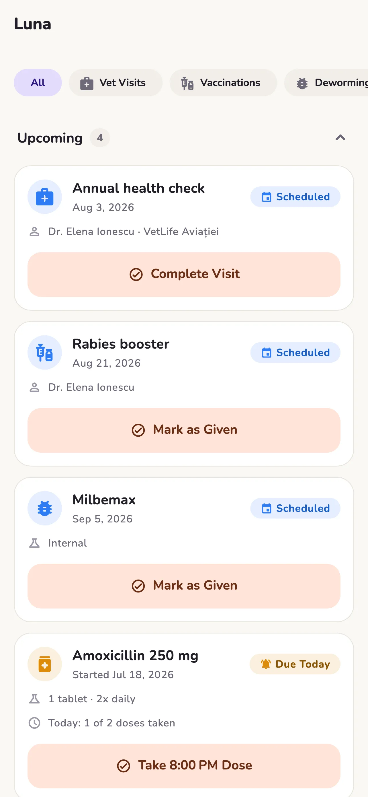 Health timeline with upcoming records — an annual check, a rabies booster, and a medication due today, each with a clear status