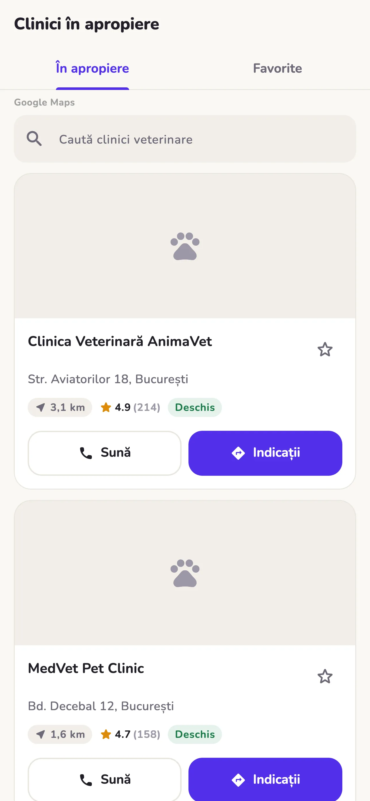 Clinici veterinare din apropiere, cu rating, program și butoane de apel și navigare