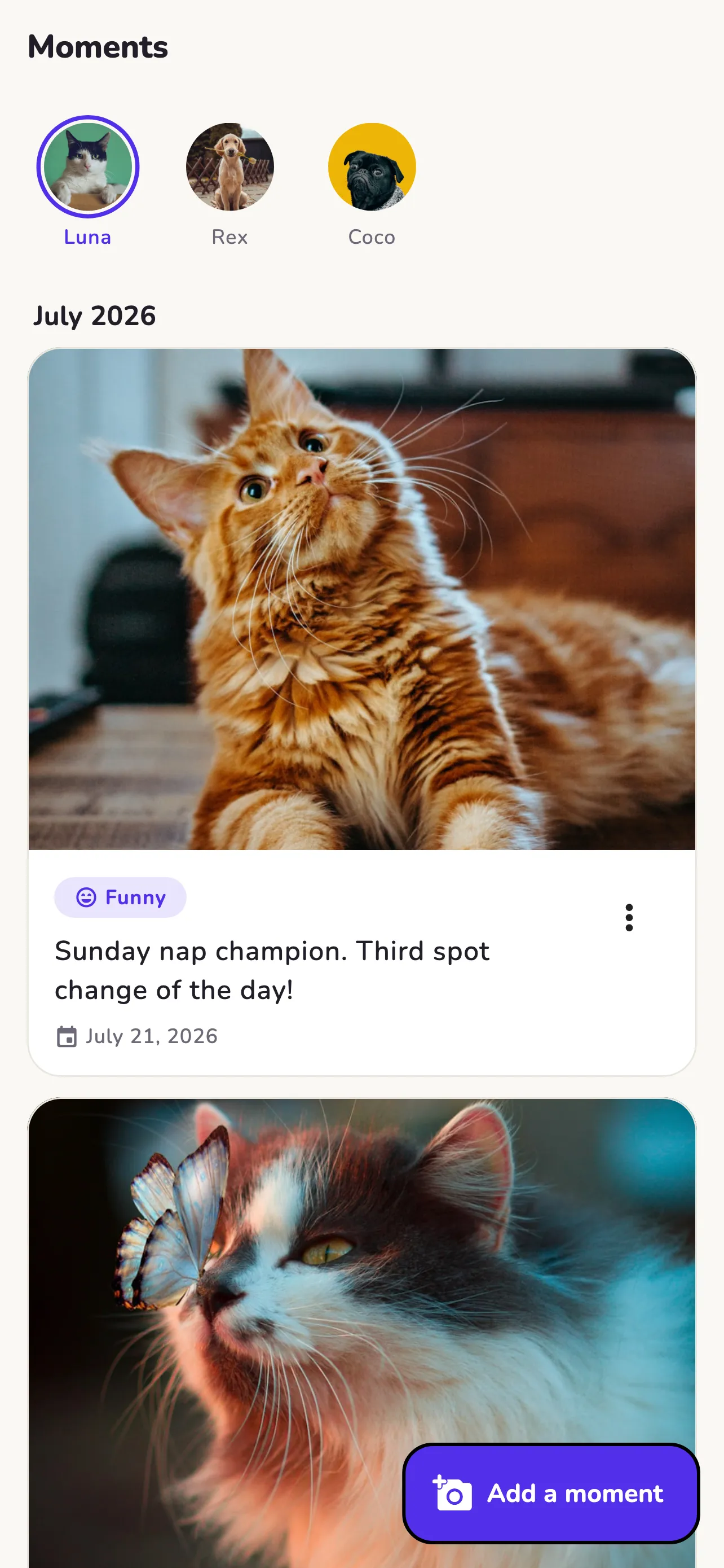 Moments: a photo journal of your pets with captions and dates